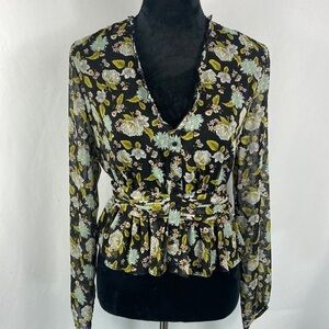 Zara Dotted Floral Mesh Printed Blouse with Ruffled Waist